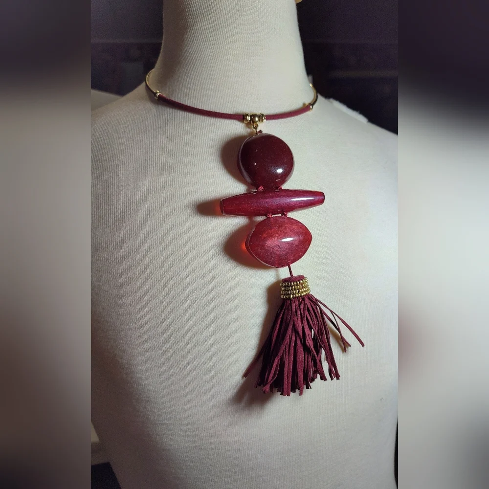 Statement Statement  Burgundy Tassel Necklace NWOT